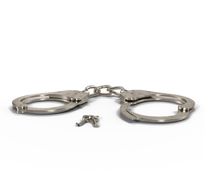 Silver handcuffs with keys on black background