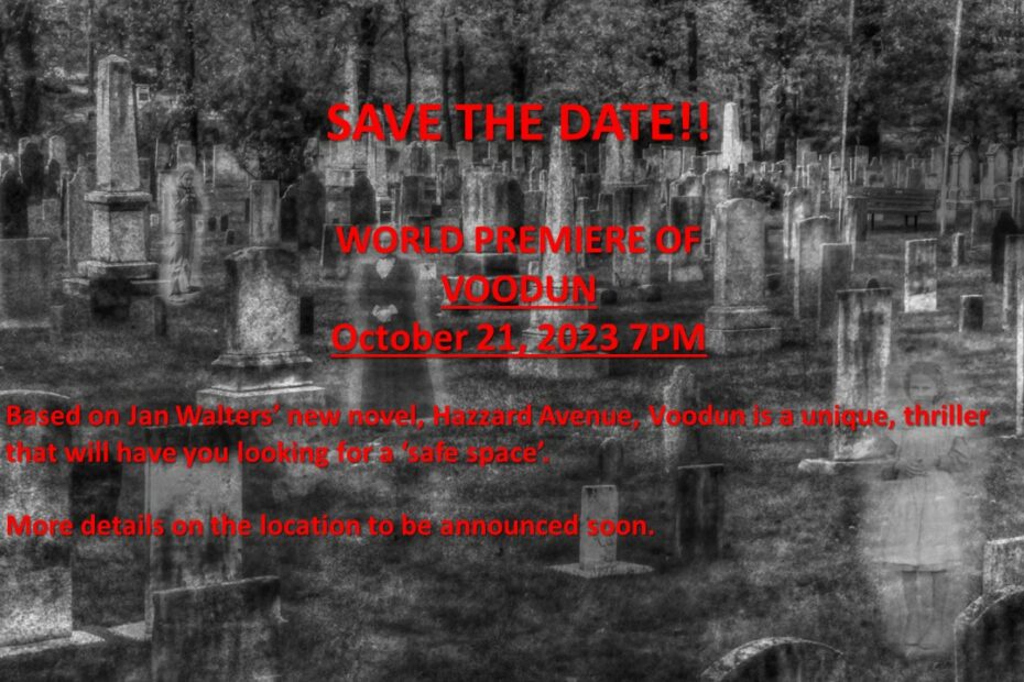 Grayscale cemetery poster promoting Voodou premiere