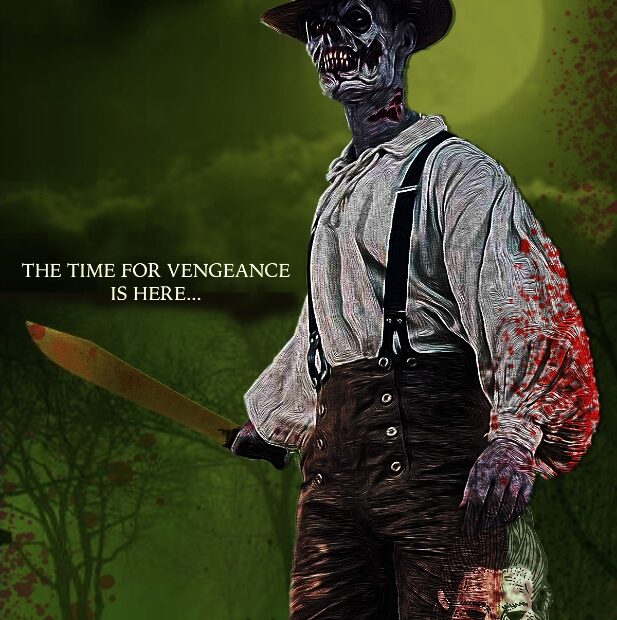 Bloodied zombie farmer with machete under moon