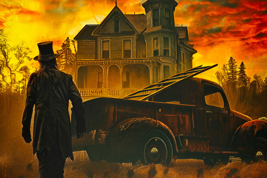 Man approaches haunted Victorian house by vintage car