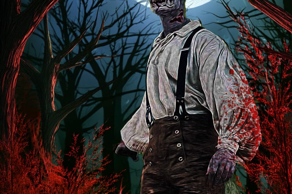 Skeleton cowboy under full moon in forest
